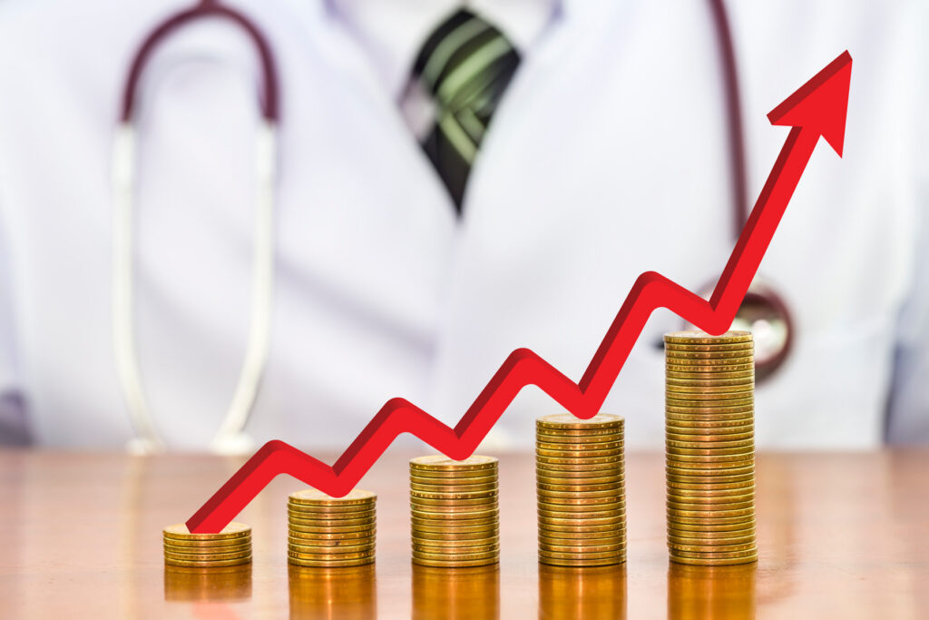 Stack of coins with red arrow as a graph
